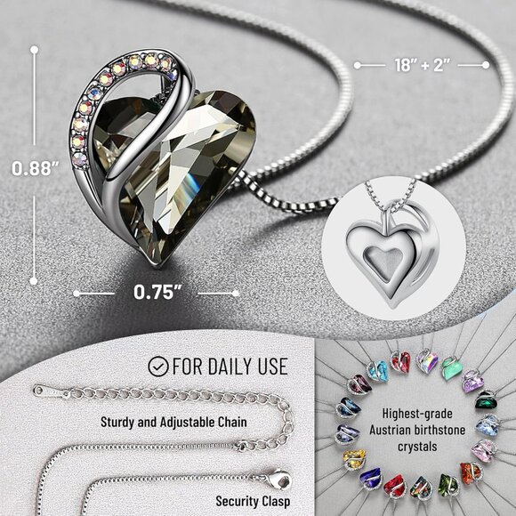 Infinity Love Birthstone Heart Pendant Crystal Black Necklace Women Mom Silver - Picture 3 of 8